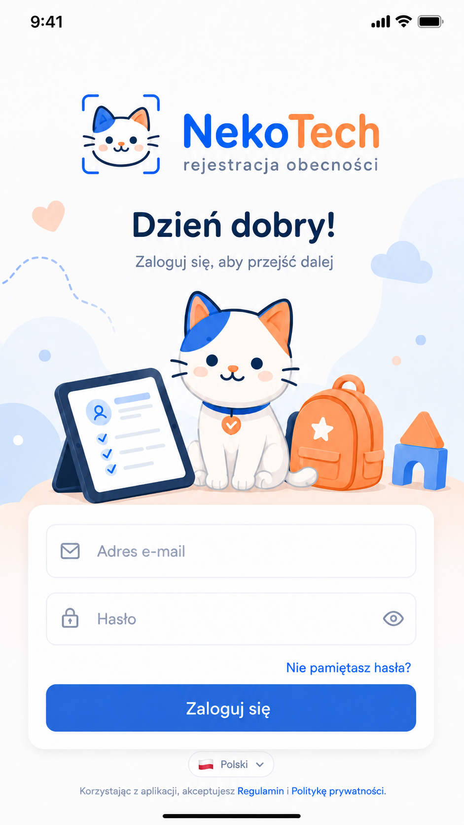 Ekran logowania do aplikacji NekoTech